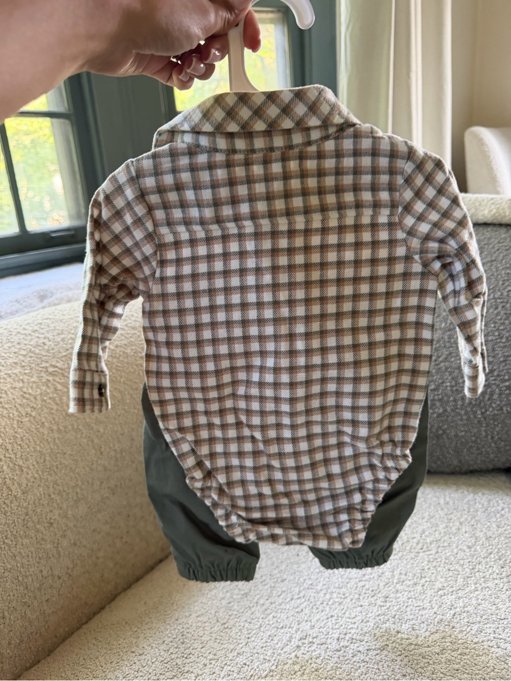 NWT Carter's Plaid Cream and Tan Button-Front Romper with Olive Bottoms